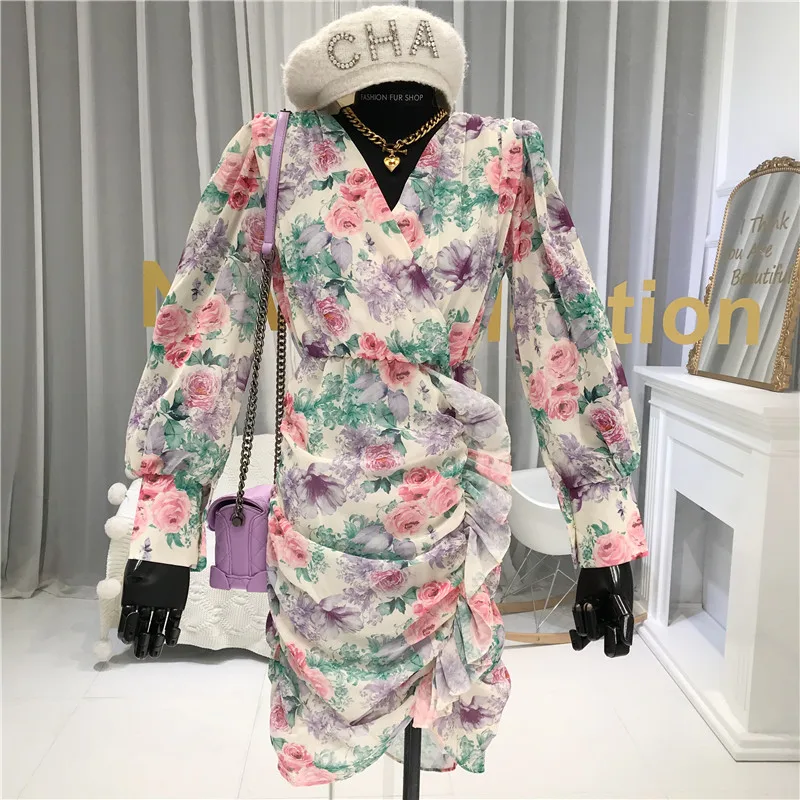 

Bohemian Style V-neck Floral Dress Female 2020 Autumn New Style Long-Sleeved Elegant Midi Printed Dresses Knee-Length