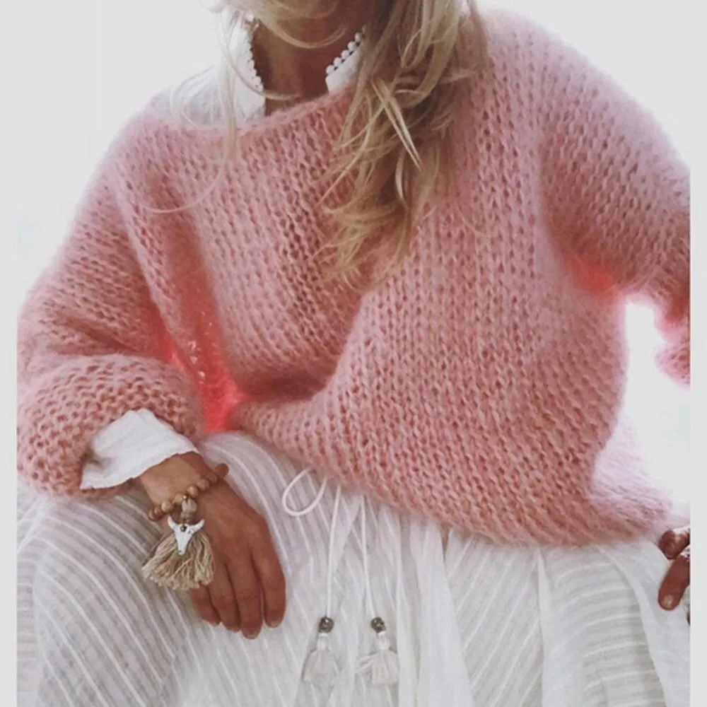 

Loose Autumn Mohair Sweater Women Solid Knitted Sweaters Winter Lantern Sleeve Female Pullover Ladies Oversized Jumper 2021 New