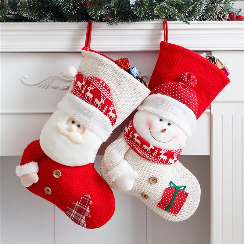 

Christmas Stockings Socks With Snowman Santa Claus Printing Xmas Candy Gift Bag Fireplace Xmas Tree Decoration New Year