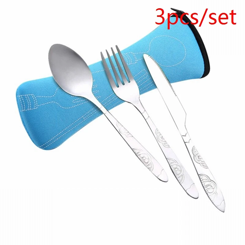 light blue 3pcs 3 шт./6 шт./компл. Портативный Нержавеющая сталь набор столовых приборов цветок картина вилка ужин набор посуды домашней утвари посуды сумка - Цвет: light blue 3pcs
