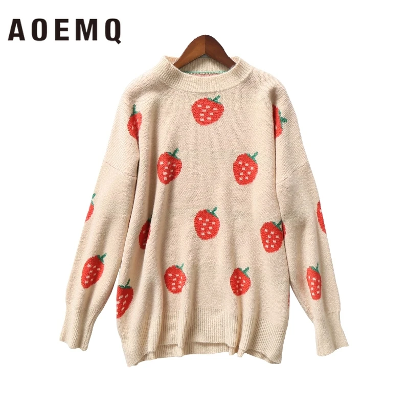 AOEMQ/модные свитера для девочек пуловеры с круглым вырезом принтом клубники