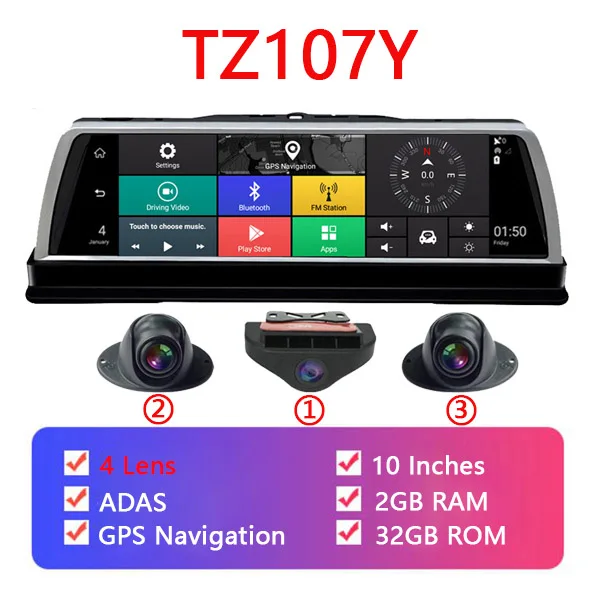 WHEXUNE 4CH камера s объектив 1" Android Navi Автомобильная камера FHD 1080P gps зеркало заднего вида ADAS wifi dvr привод рекордер ram 2GB+ rom 32G - Название цвета: TZ107Y