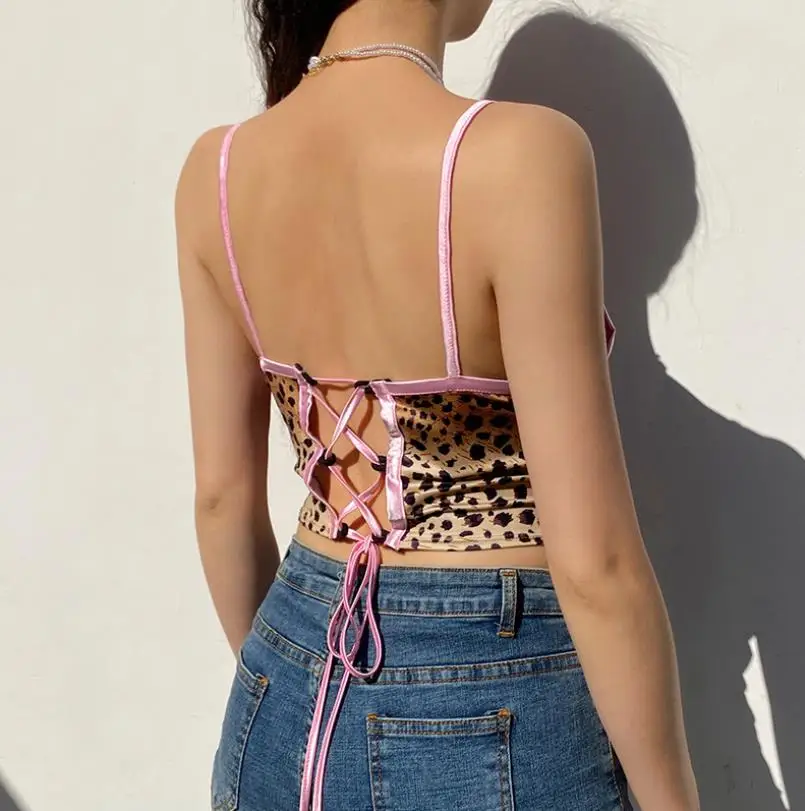 

New Fashion Women's Leopard Print Crop Top Sexy V Neck Patchwork Sleeveless Spaghetti Straps Crop Top Camis Tops Clubwear