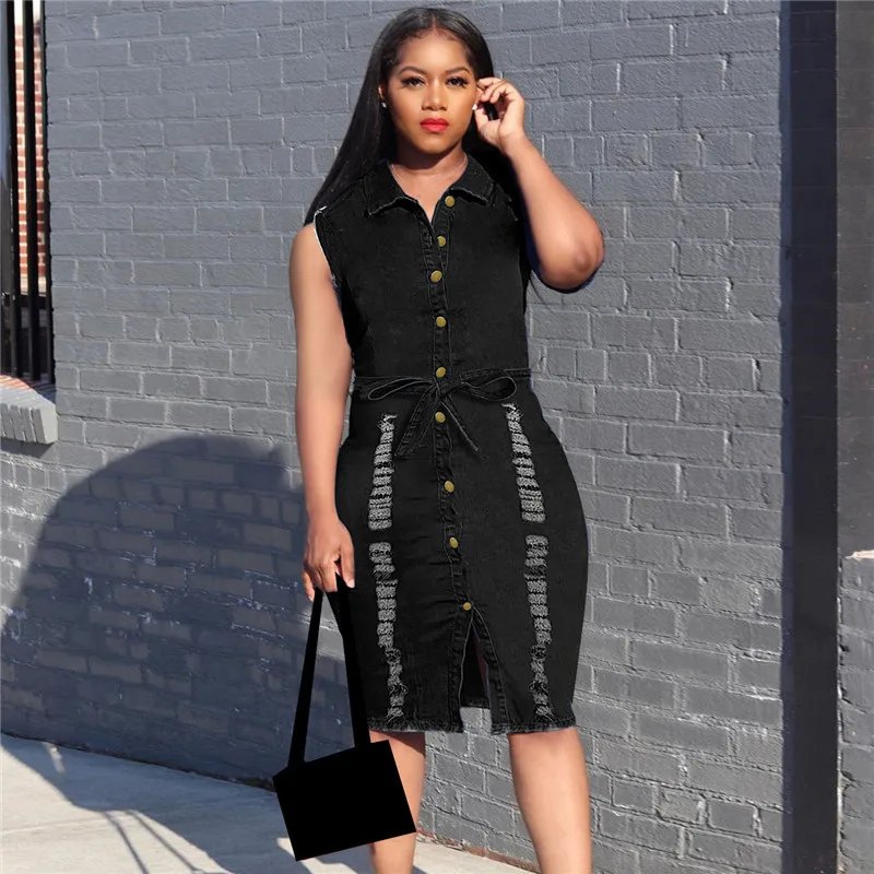 

KEXU Women Plus Size S-5XL Denim Dress Chic Button Turn-down Collar Femme Vestidos Solid Color Elegant Dresses Large Size