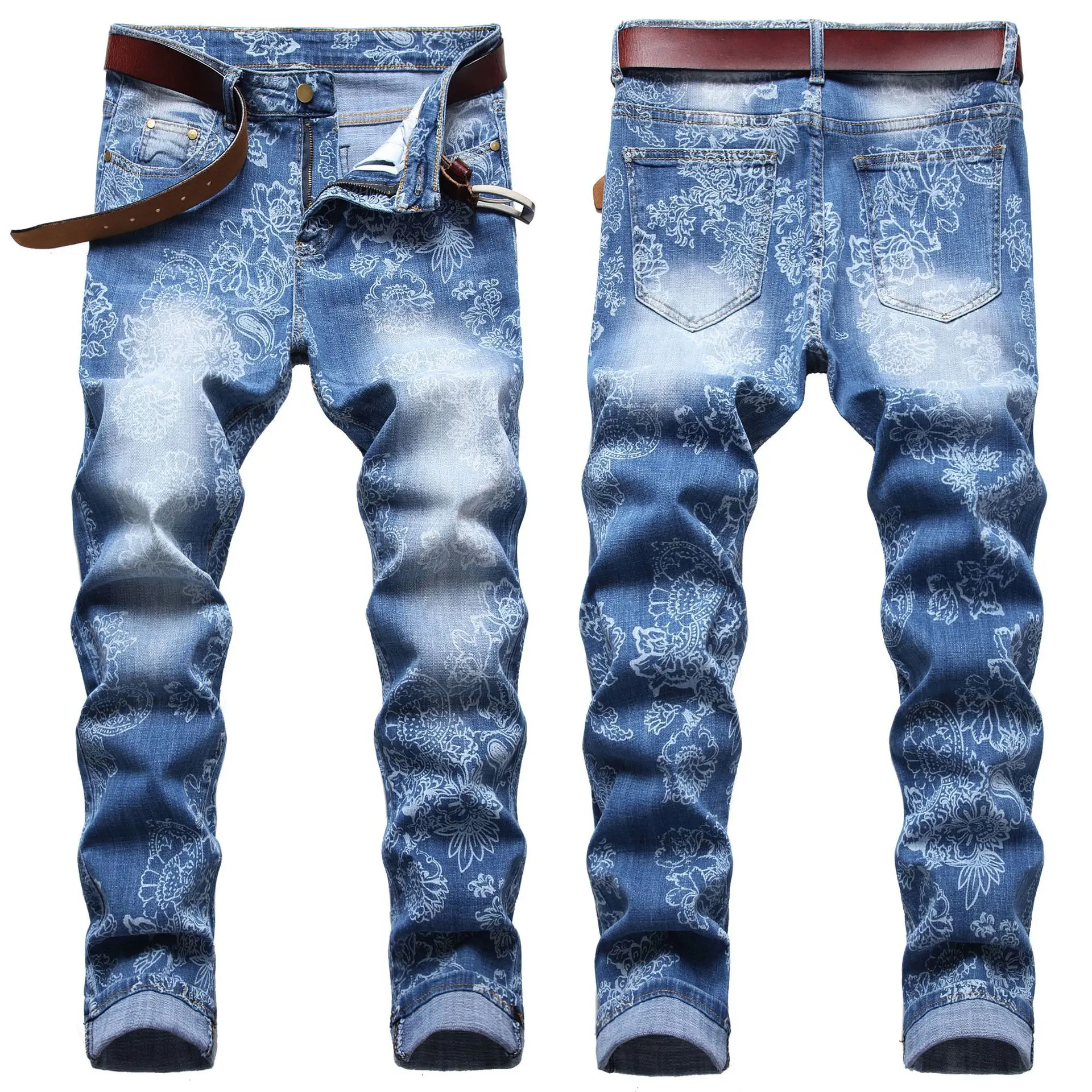 

European American Male Jeans Original Digital Direct Printing Color Dial Pattern Spray Slim Stretch Small Straight Jeans Men