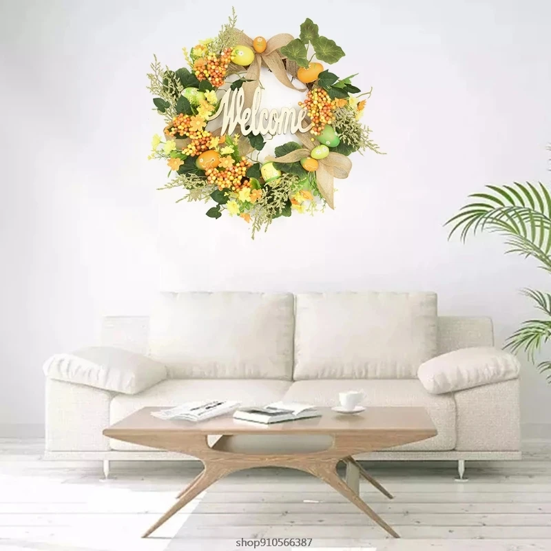

45CM Manual Easter Garland Eggs Rattan Wreath Artificial Flower Garland Window Front Door Wreath Easter Decoration J7 Dropship