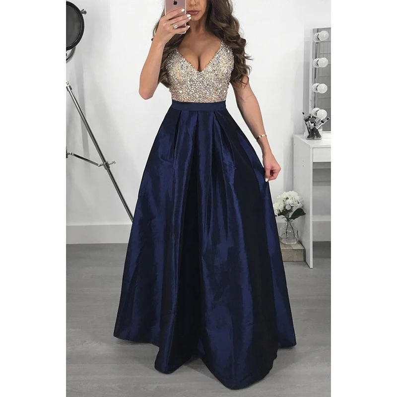 Elegant Sequin Formal Evening Party Dress Women A Line Long Occasion Dresses Vestido De Festa V Neck Sleveless Lady Prom Gowns |