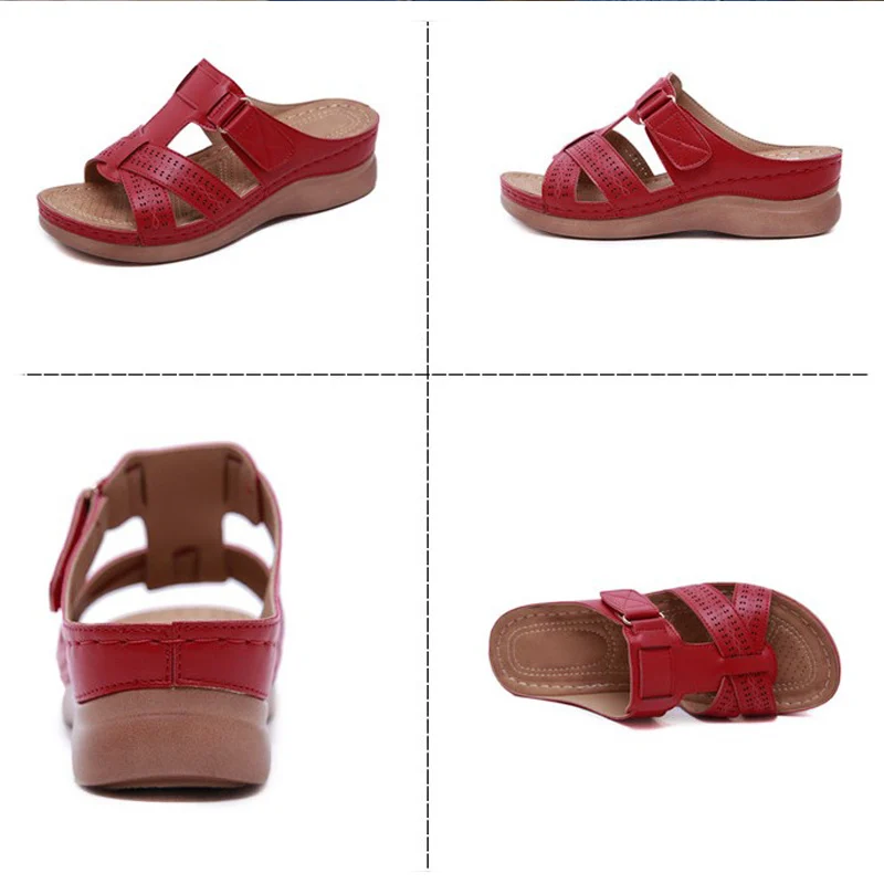 Женские летние босоножки на танкетке из PU искусственной кожи застежке-липучке