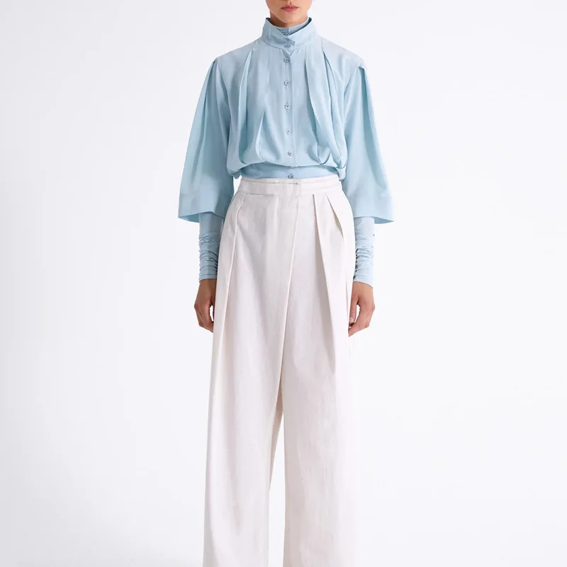 

100% SILK Shirt Haute Couture Female Dusty Blue Long Sleeves Stand Collar Front Tie Blouse Women Autumn Top Office Lady Wear