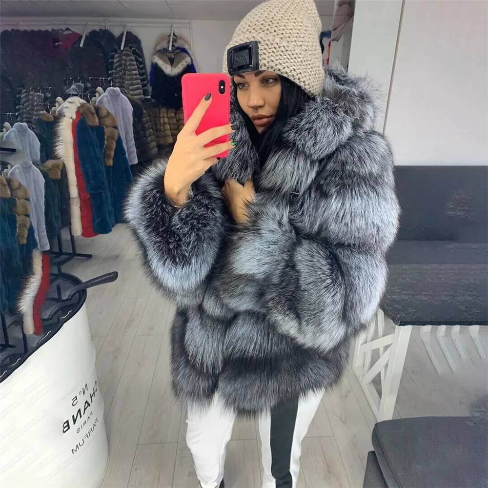 Woman Natural Silver Fox Fur Coat with Hood Medium Length Whole Skin Genuine Silver Fox Fur Jacket Female Winter Luxury Outwear