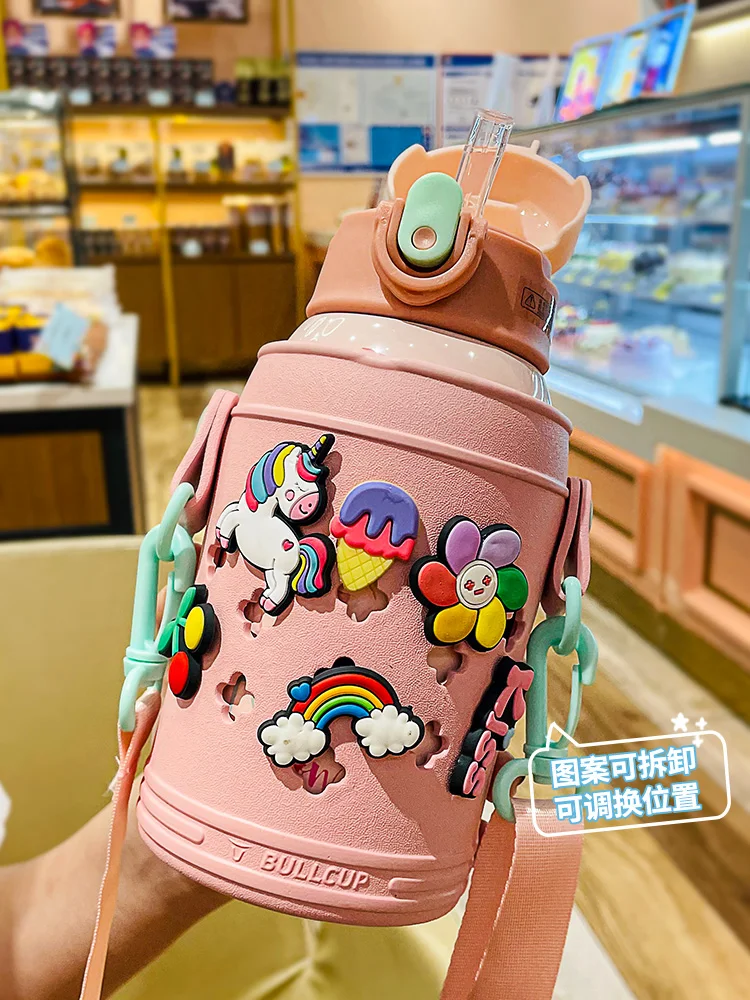 

Cute cartoon children's thermos cup female 316 stainless steel water cup with straw primary school students portable out kettle