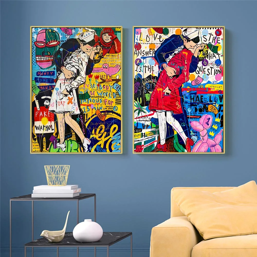 

Graffiti Artwork Victory Kiss Posters HD Print on Canvas Modern Pop Street Wall Art Picture sfor Home Living Room Decoration
