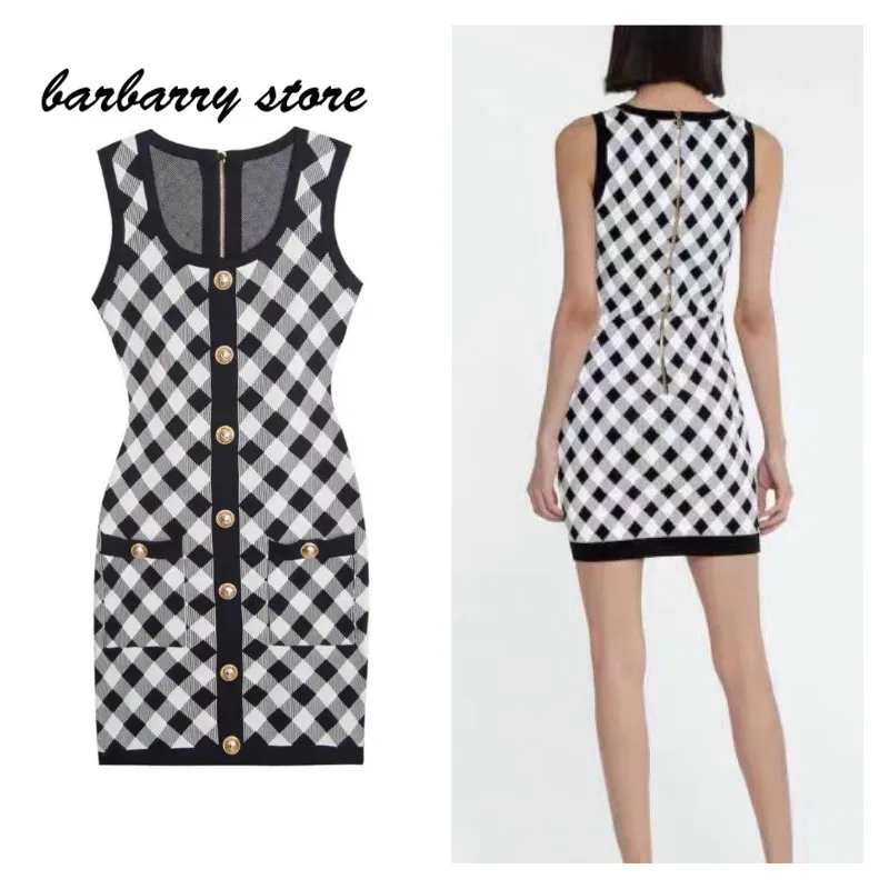 

Женское облегающее однобортное платье, эксклюзивное Брендовое черно-белое контрастное эластичное платье с клетчатым узором, 2021