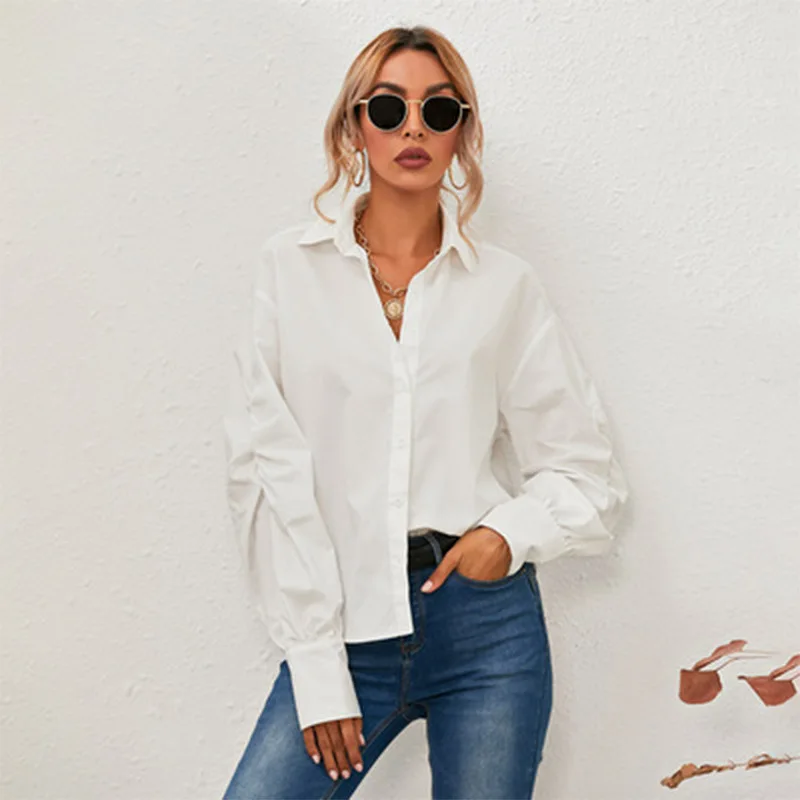 

Solid Chic Shirts Women Spring Autumn Long Sleeve Turn-down Collar Loose Blouse New Elegant Casual White Shirts Tops Fashion