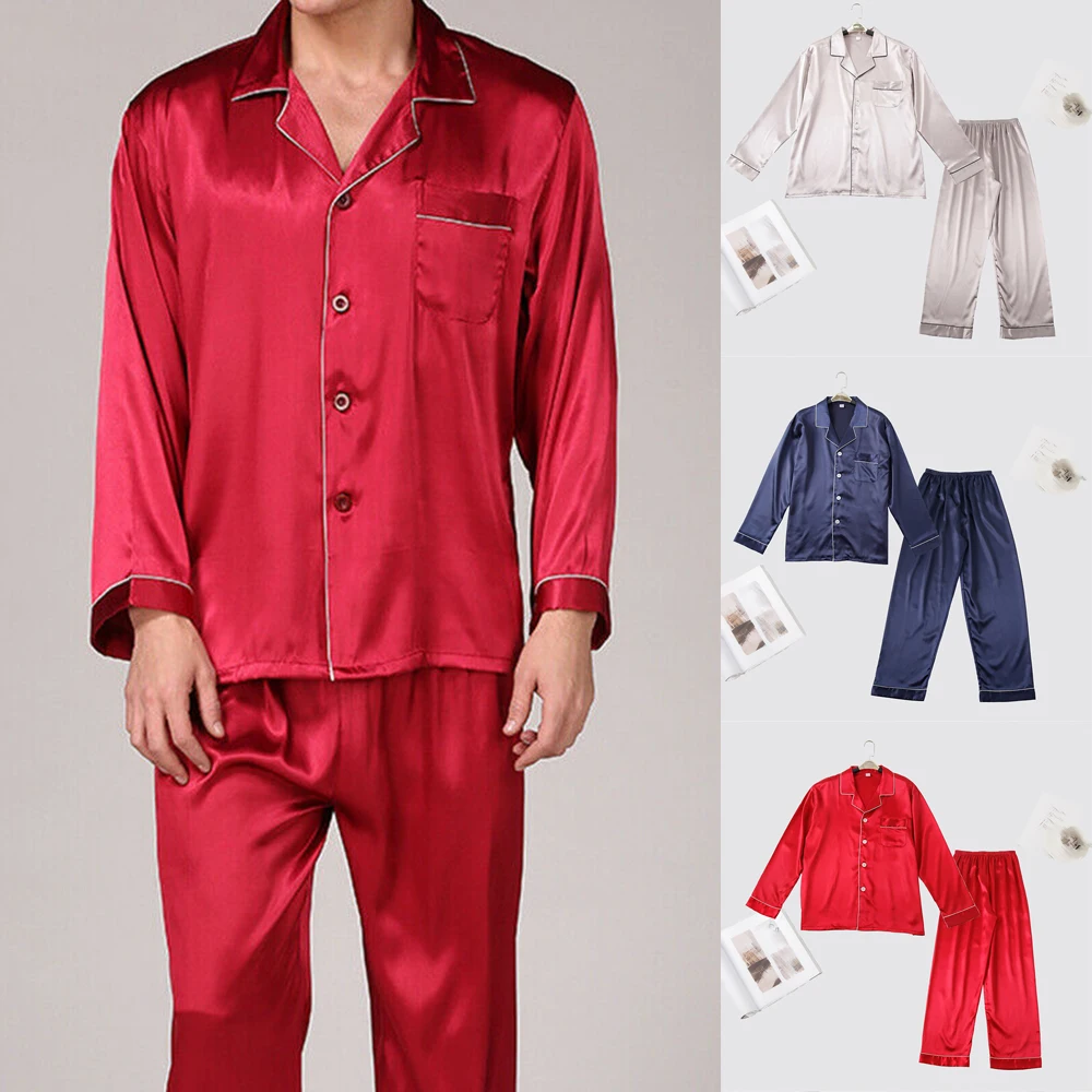 

Faux Silk Pajama Set Nightwear Tops+ Pants Lounge Button Emulation Silk