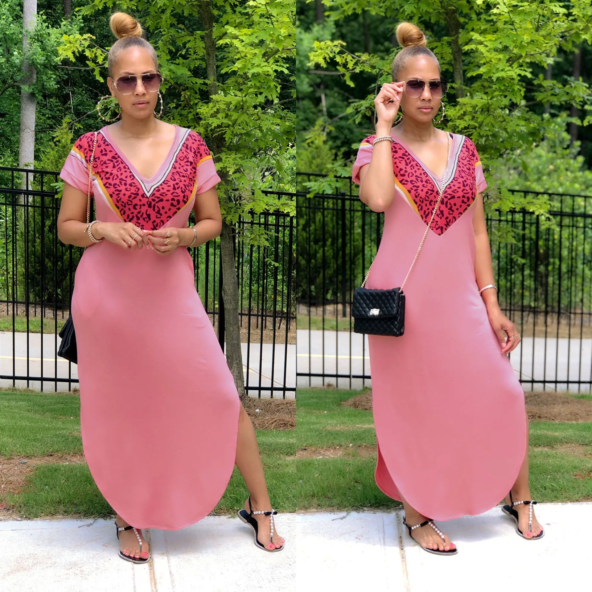 

ChocoMist Dress Casual V-neck Leopard Patchwork Dress K8912