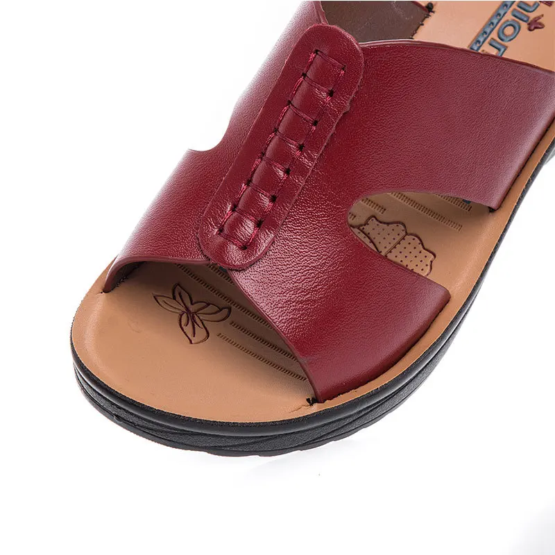 Летние кожаные женские ботинки для пожилых людей с мягкой подошвой на плоской