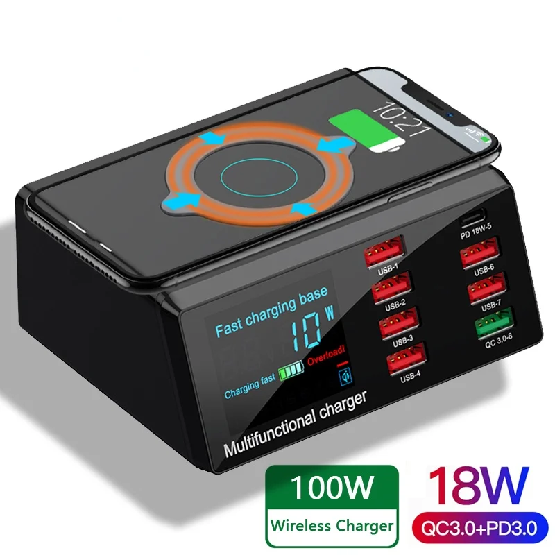 

100W Wireless USB Charger Dock 18W PD QC3.0 Fast Charger Station Smart LED Display 8 Ports USB for Samsung Huawei IPhone
