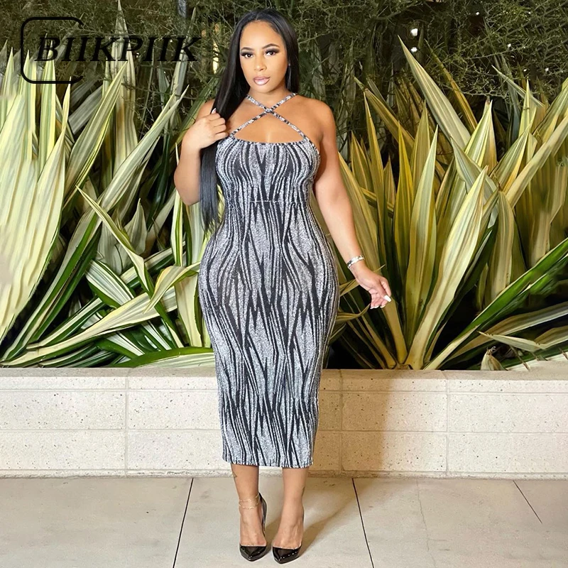 

BIIKPIIK Elegant Sleeveless Criss-cross Halter Sexy Bodycon Midi Dress Women Fashion Partywear Robe Classic Print Female Dresses