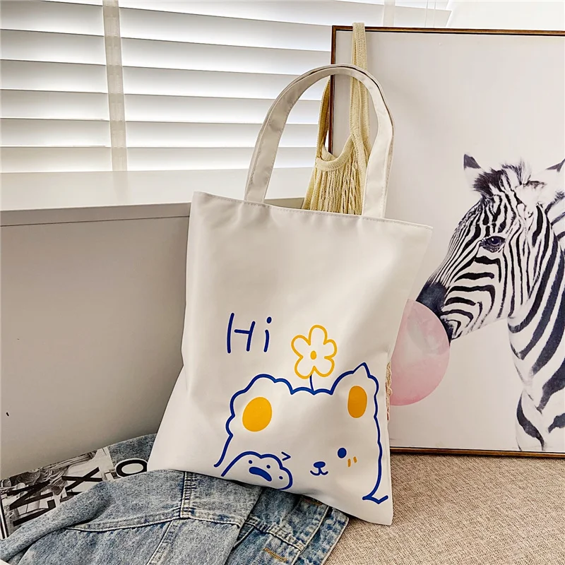 

Spring Women's Fashion Cartoon Print Shoulder Tote Bags Canvas Simple Large Capacity Zipper Handbags Student Shop Top-Handle Bag