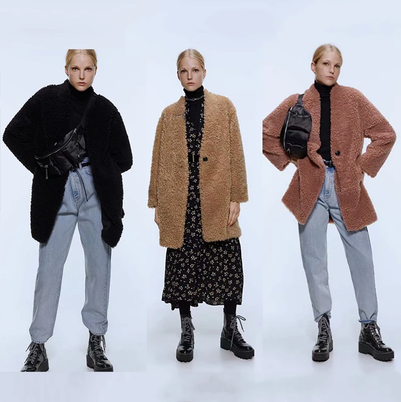 Женское флисовое пальто ZA свободная однобортная Повседневная теплая куртка с