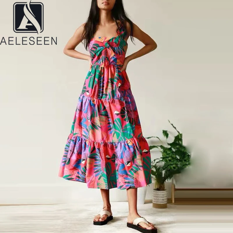 

AELESEEN Runway Fashion Spaghetti Strap Summer Dress Women Designer Bow Colorful Parrot Print Long Beach Holiday Dress