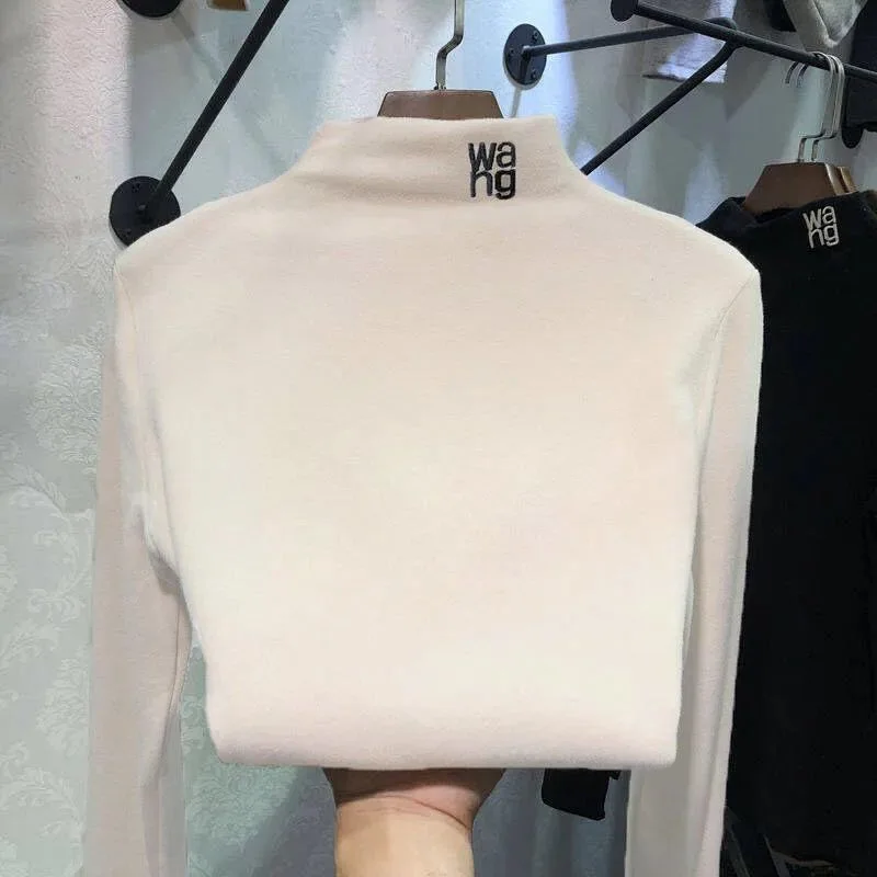 

2020 Korean Half Turtleneck Women Shirt Tops Fashion T Shirts Embroidery Letter Long Sleeve Tees Roupas Female Clothes
