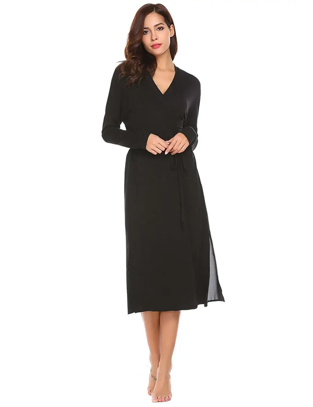 Женское однотонное Двухслойное ночное белье с длинным рукавом и поясом|Халаты| |