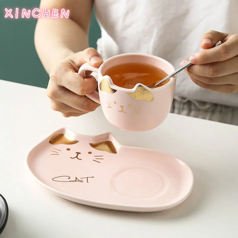 

Керамические наборы кофейных чашек, чайная чашка с мультяшным рисунком кота, десертная тарелка, набор креативных милых кофейных чашек и блю...