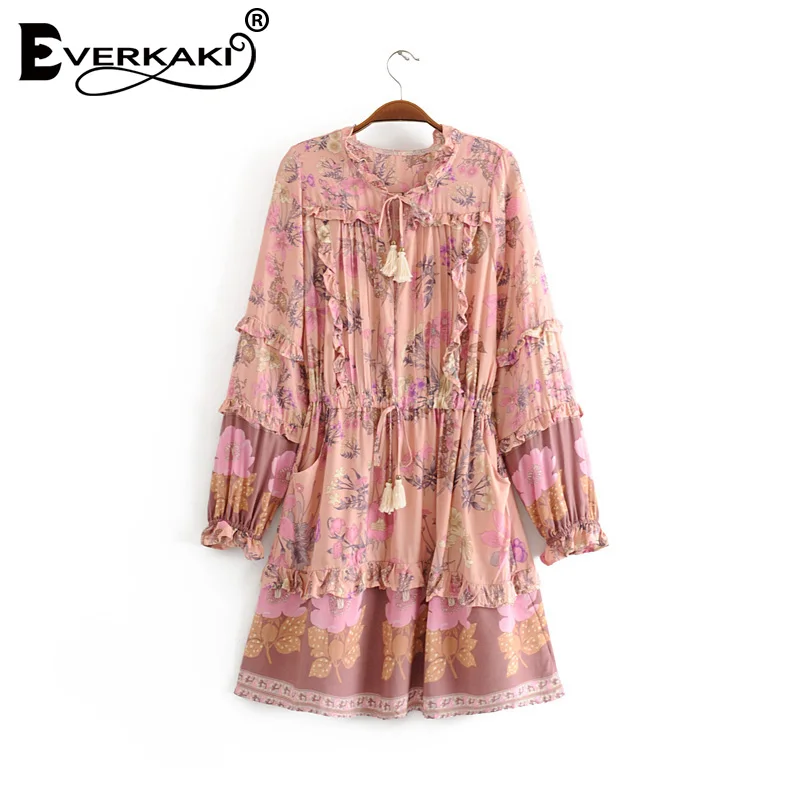Everkaki/мини-платье с оборками для женщин, Boho, с принтом, кисточками, поясом, с завязками, с длинным рукавом, женские короткие платья, женские,, осень, Новинка