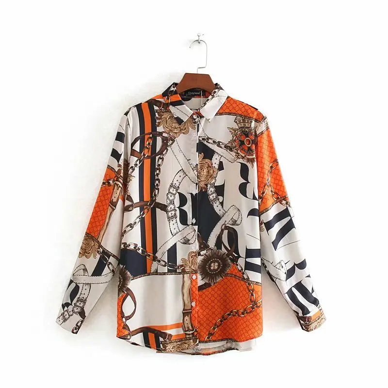 

2021 new women vintage color matching chain pattern print shirt office lady long sleeve business blouses chic autumn retro tops