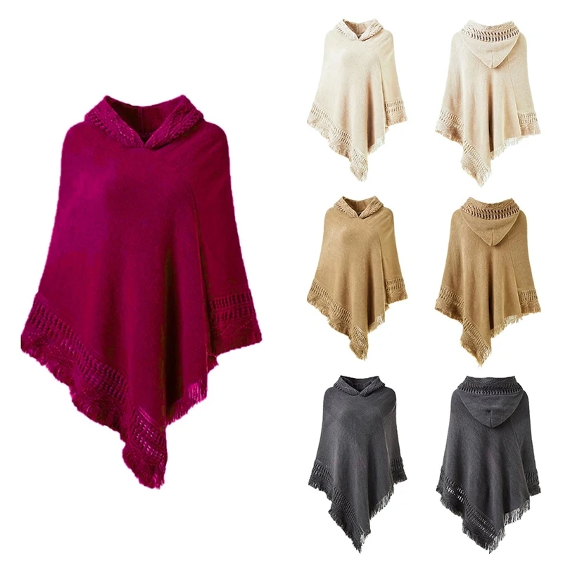 

Women Tassel Knitted Hooded Cloak Ladies Trendy Temperament Large Cape Wrap Shawl Pure Color Pullover Sweater Shawl Cloak