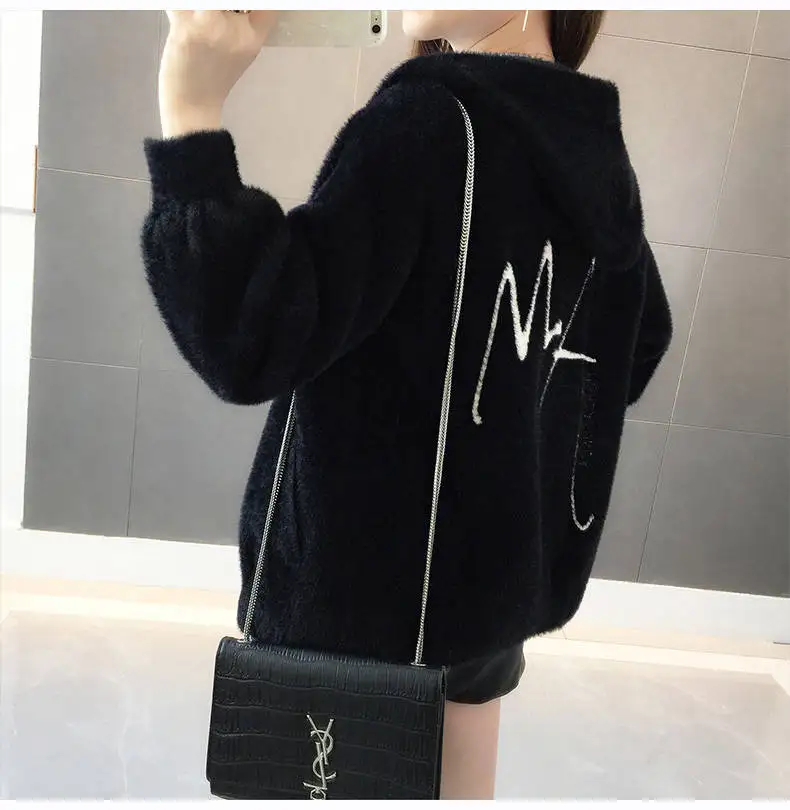 Women Mink Fur Jacket Autumn Winter Women Coat Loose Embroidered Thick Velvet Hooded Sweater Female Cardigan