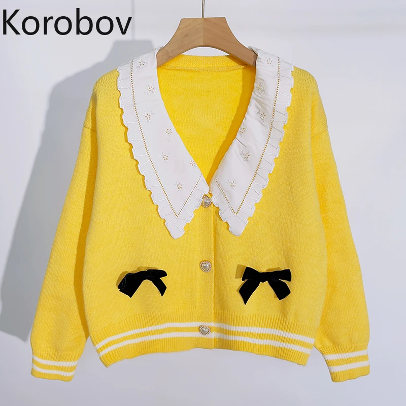 

Korobov 2021 Autumn Winter New Cardigans Sweaters Vintage Elegant Peter Pan Collar Cardigan Japanese Sweet Kawaii Sweater