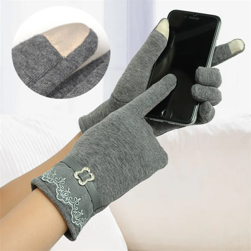 

VIIANLES Women Gloves Touched Screen Mittens Fashion Lace Bow Guantes Winter Gloves Female Ladies Black Grey Wool