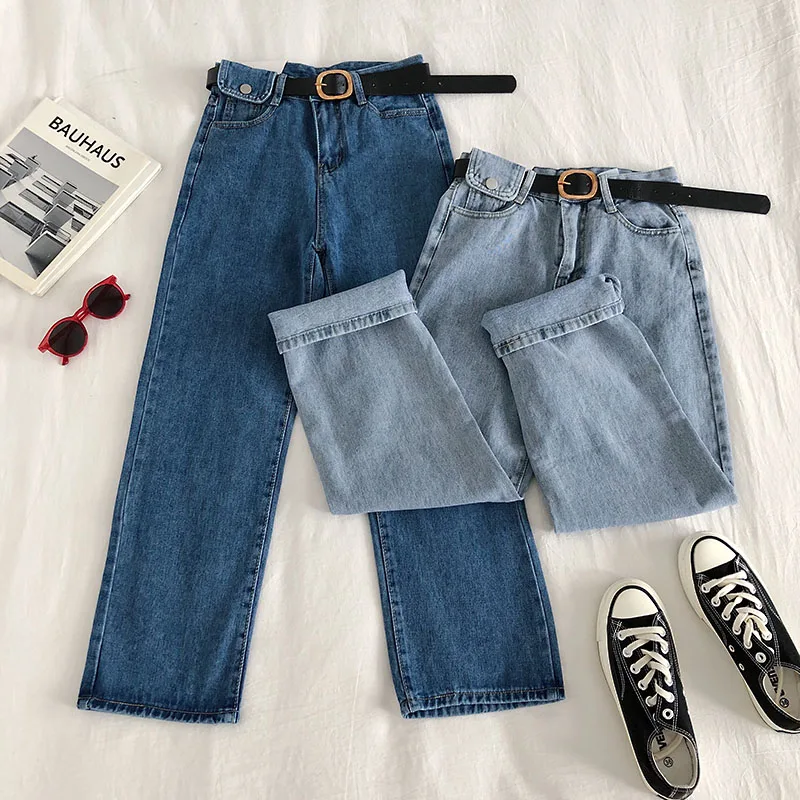 Женские прямые джинсы с высокой талией повседневные синие винтажные джинсовые