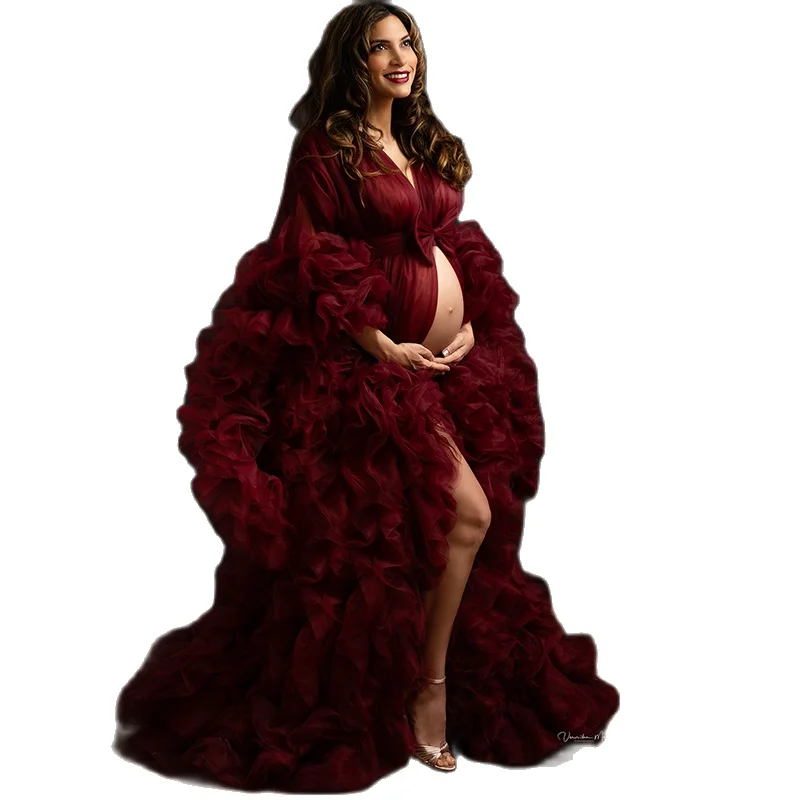 

Burgundy Maternity Dresses for Photoshoot Fluffy Luxury Ruffles Pajamas Party Nightgowns Custom Made Pregnacy Gowns Shoot