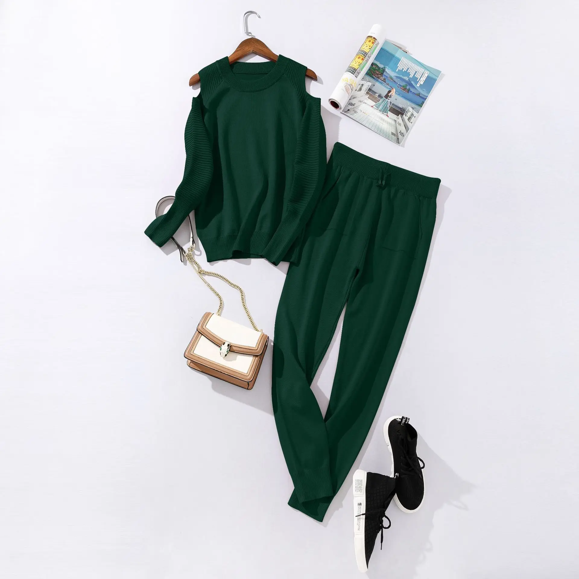 Dark Green TAOVK женский осенний свитер, костюмы, водолазка, свитер с длинным рукавом+ длинные брюки, вязаные комплекты из 2 предметов - Цвет: Dark Green