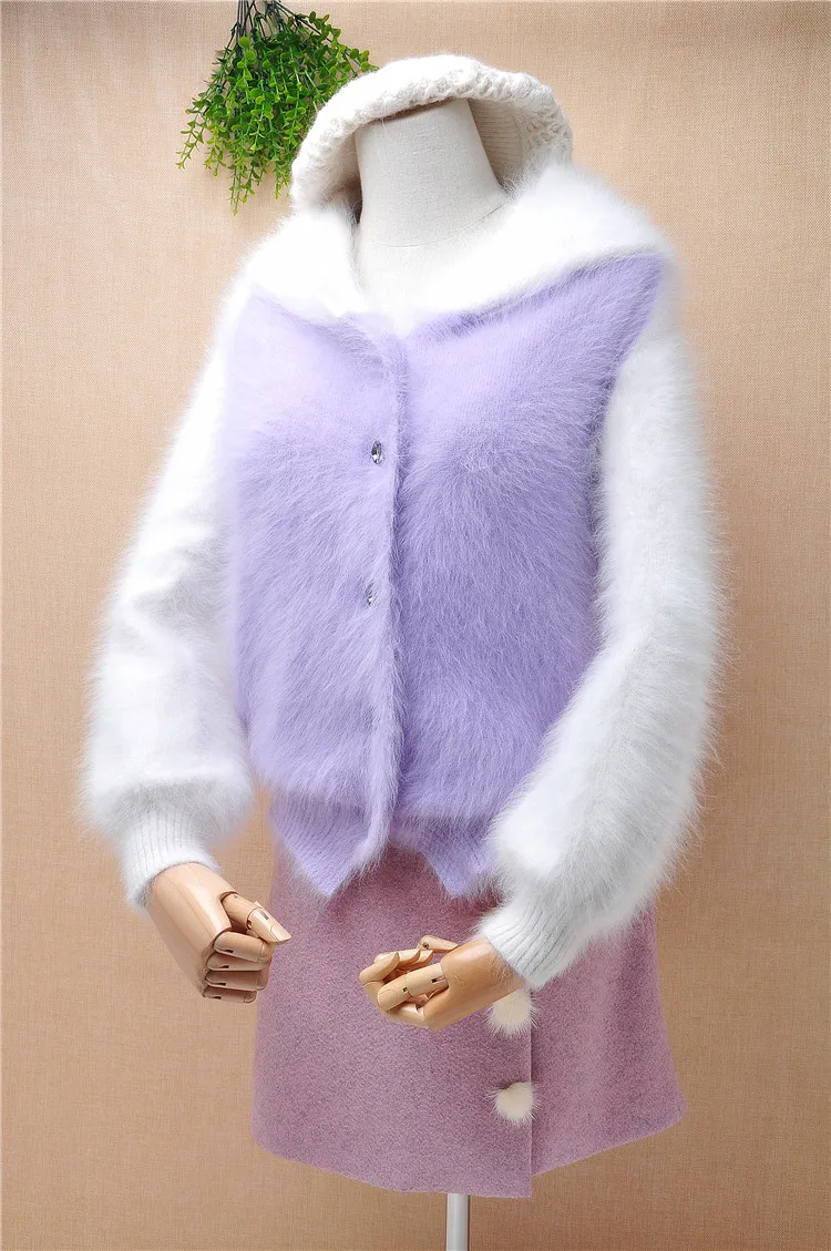 

girls women fashion light purple mink cashmere hooded loose long lantern sleeves cardigan button angora hair jacket sweater coat