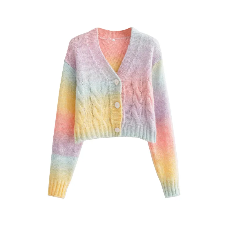 

Women's Button Down Knitting Cropped Cardigan Long Sleeve Tie Dye Print Cable Sweater Autumn y2k Casual Slim Knitwear