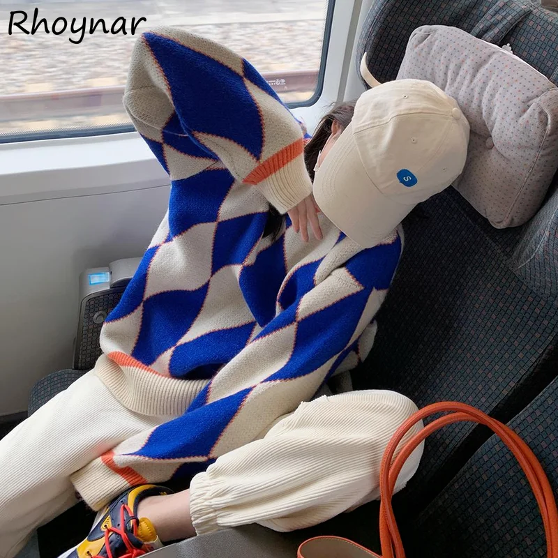 

Pullovers Women Fashion Argyle Elegant O-Neck College Korean Style Baggy All-match Popular Streetwear Basic Teens Vintage Chic