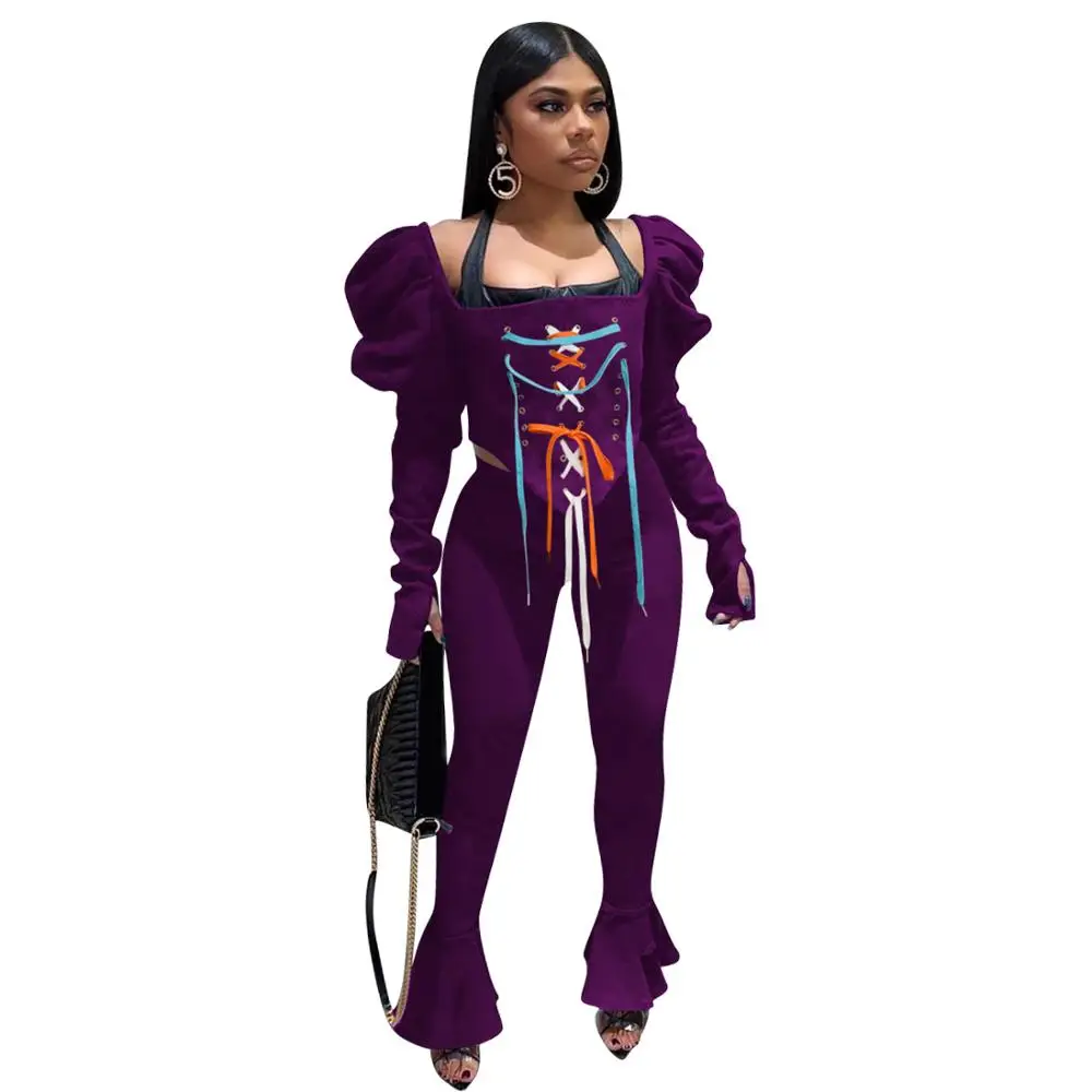 

Cutubly Full Puff Sleeve Women'S Set Winter Fashion Casual Two Piece Set Grommet Lace Up Crop Top Flare Pants Suit Tracksuit