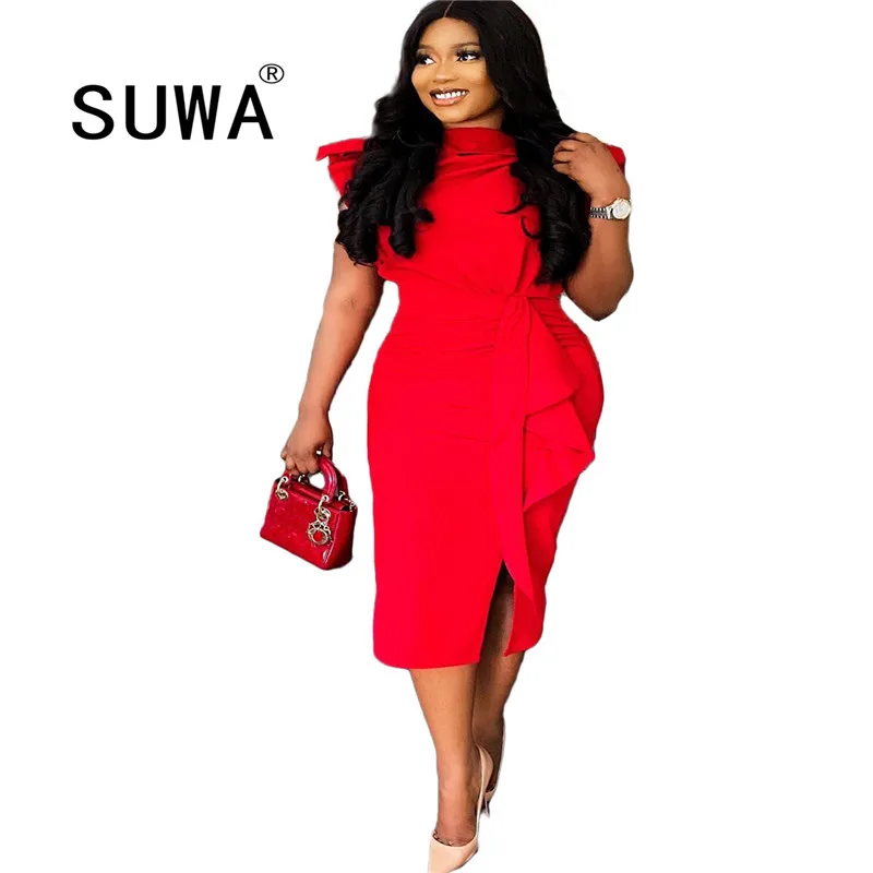 

Hot Recommend Style High Street Fashion Red Mini Dresses For Women O Neck Short Sleeve High Waist Elegant Vestidos