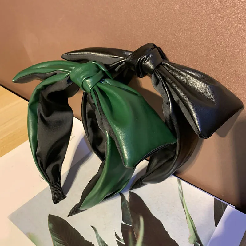 

Bowknot Head Hoop Handmade fashion headwear Big Bow PU Leather Hair Hoop Wide side Non-slip Hair Accessories Women Headband