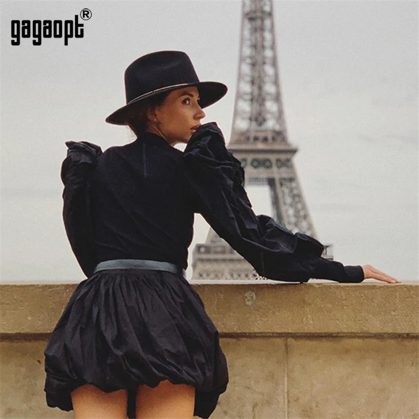 

Gagaopt Winter Lantern Long Sleeve Mesh Tops Women O Neck Tops Black T shirts Elegant Office Tops Blusas