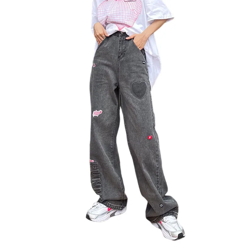 

Retro Women's Jeans New Streetwear Baggy High Waist Denim Trousers Fashion High Street Love Embroidery Wide Leg Pants Female