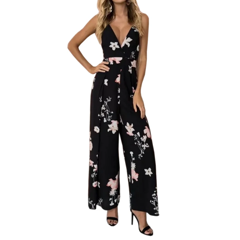 

2021 Модный женский комбинезон с широкими штанинами и цветочным принтом, пикантные комбинезоны без рукавов с открытой спиной и высокой талие...