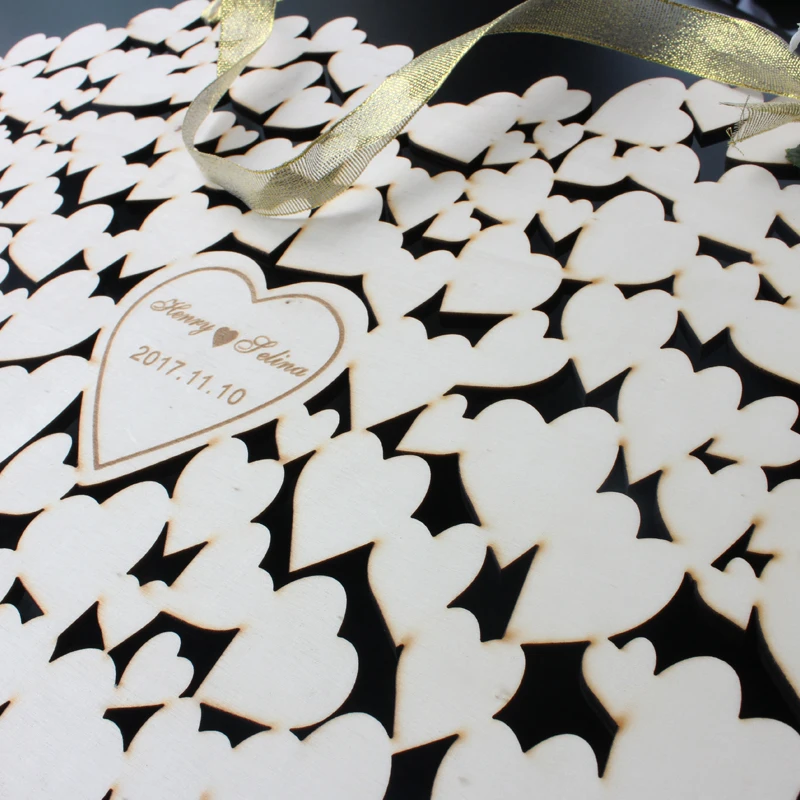 

3D Personalized Wedding Guest Book Wooden Hearts Wedding Guestbook With Ribbon,Rustic Alternatives Heart Bride Groom Name Decor