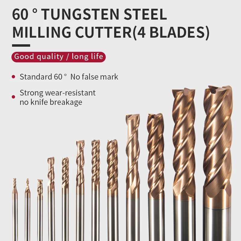 Концевая фреза HRC60 с 4 канавками из вольфрамовой стали прямым хвостовиком 1 мм 20