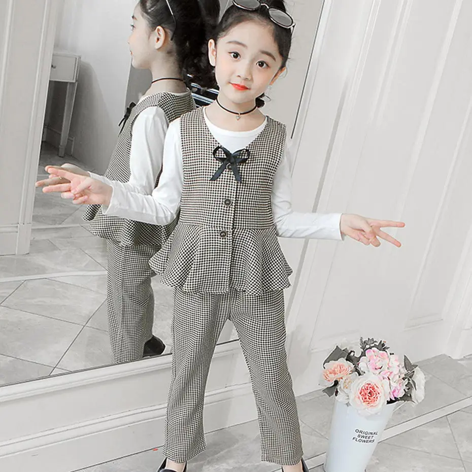 Детская одежда клетчатый жилет для девочек штаны и футболка костюм кардиган